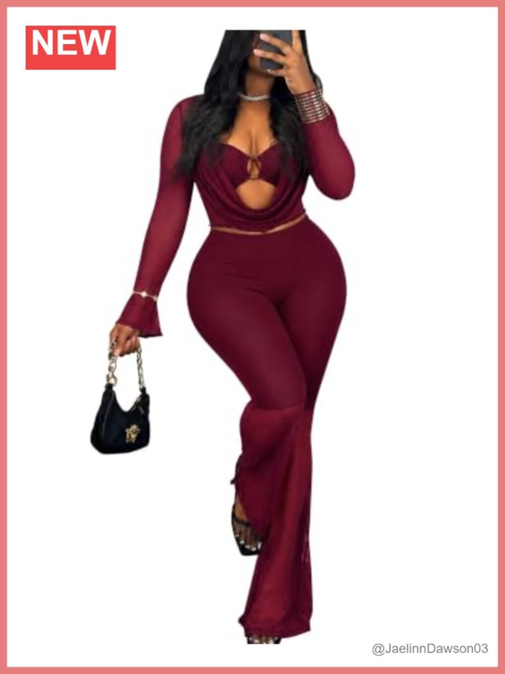 Mesh 3 Piece Club Outfit High Waist Flare Pants Set Women Going Out
